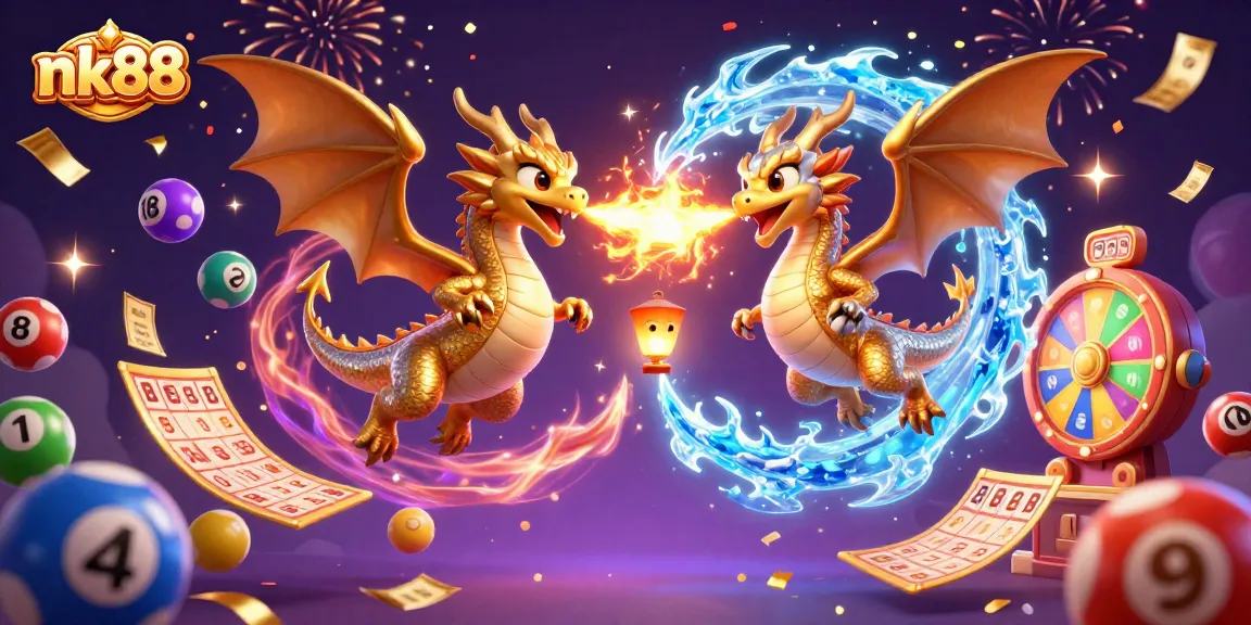 Engage in vibrant nk88 gaming with dynamic dragons and colorful lottery elements.