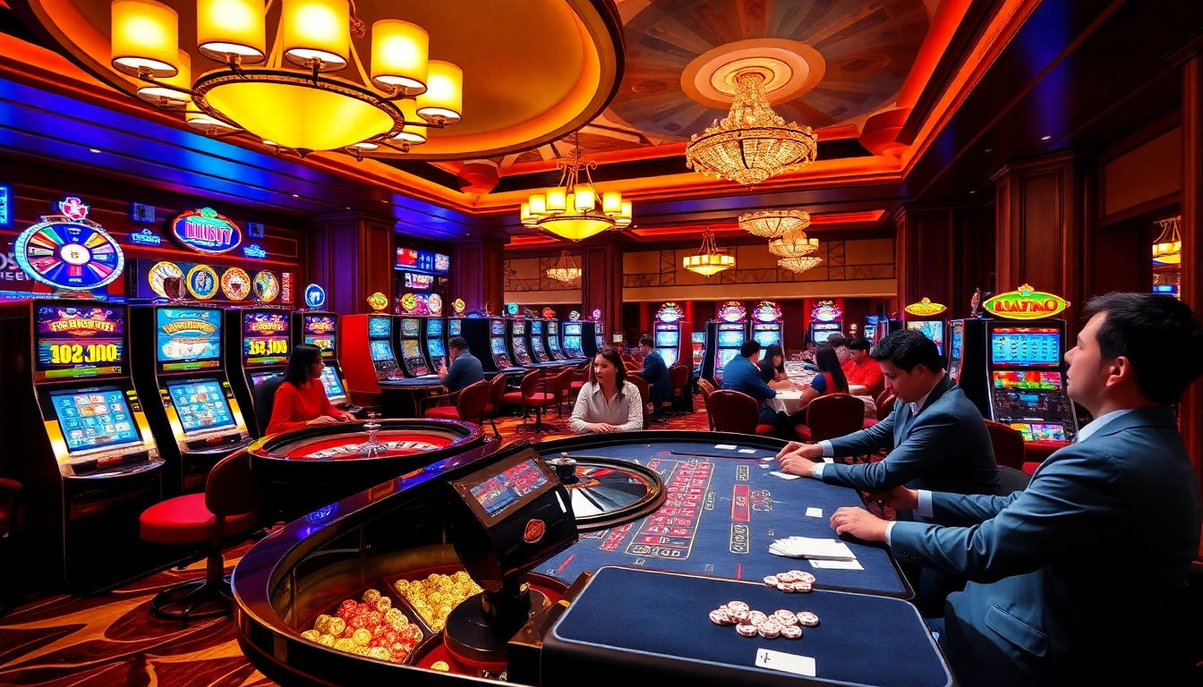 Experience the thrilling atmosphere of https://lu88bb.com/ with an elegant casino scene showcasing gaming action.