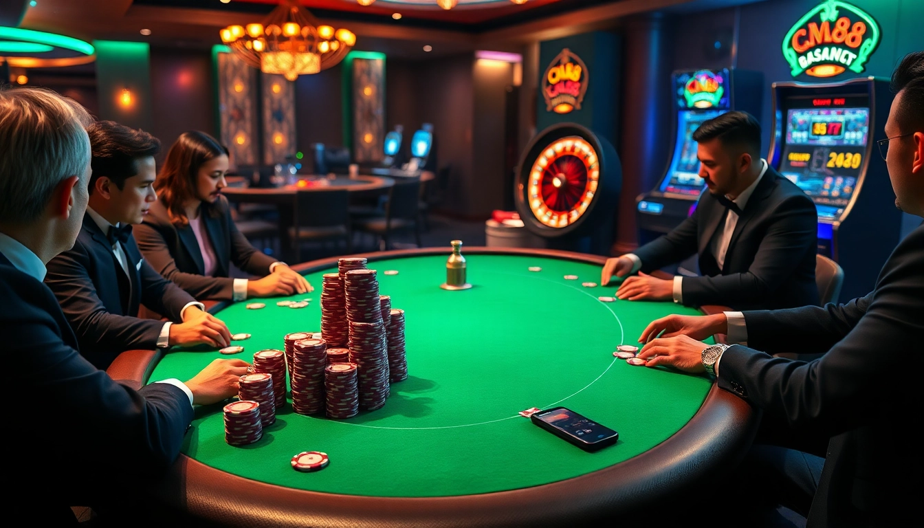 Players strategizing at a professional casino poker table with the keyword CM88 in focus.