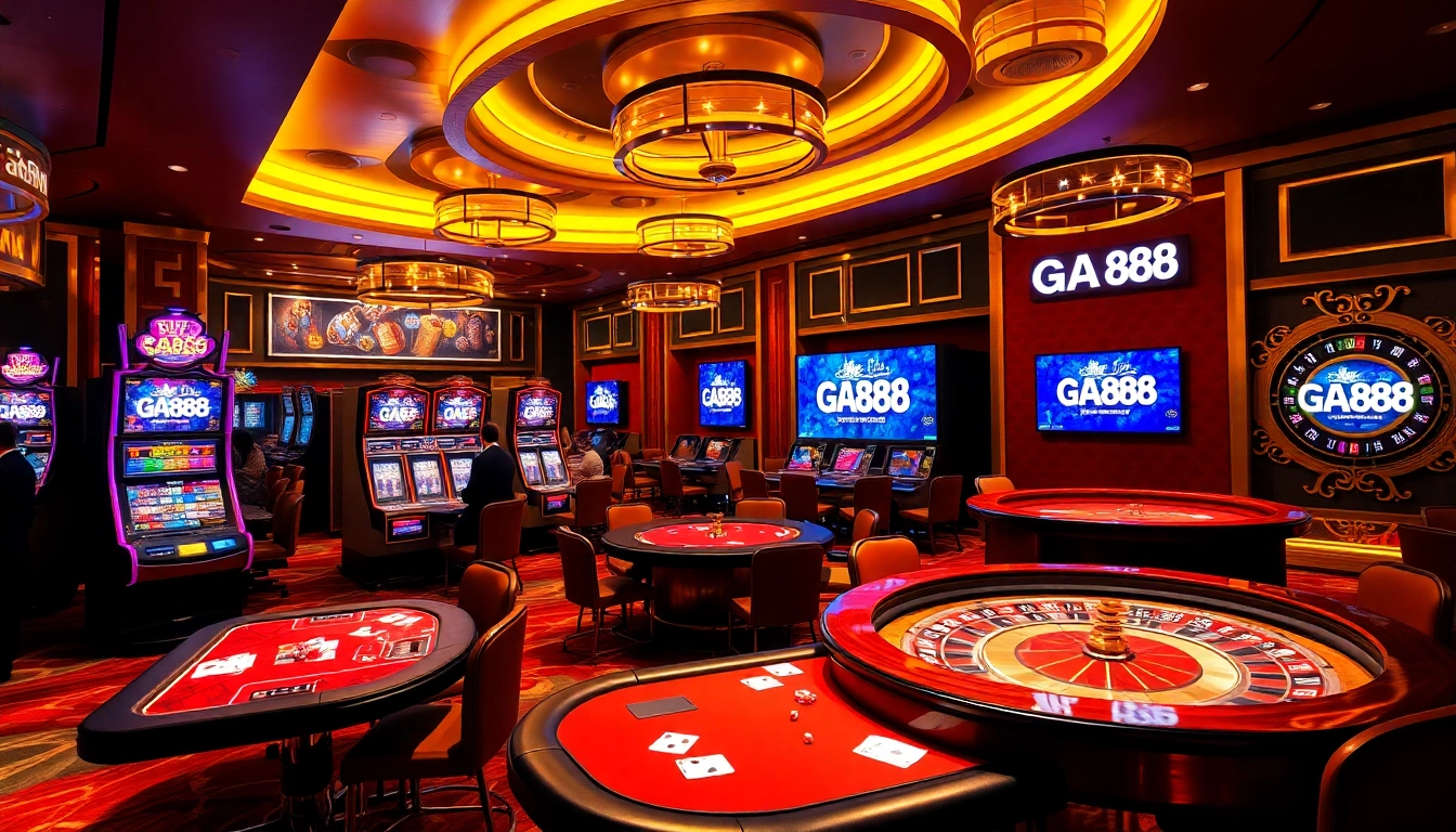Experience elite gaming with GA888 in a luxurious casino setting featuring vibrant visuals and action.