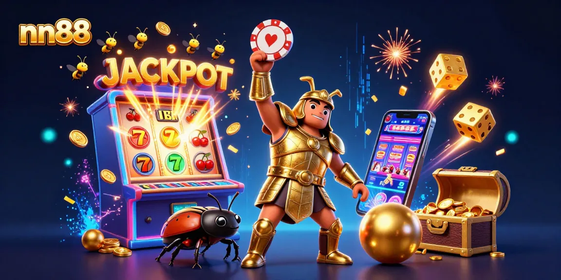 nn88 jackpot scene with a victorious beetle lifting a poker chip amidst dazzling casino elements