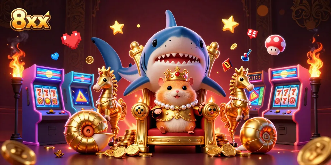 Engage with thrilling 8xx casino adventures featuring a golden hamster king and vibrant slot machine elements.