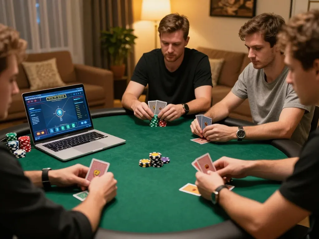 Players strategizing a game of poker at Nhà cái Jun88, showcasing a lively online gambling experience.