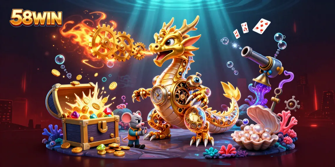 58WIN showcases a vibrant casino scene with a golden dragon, treasures, and dynamic game elements.