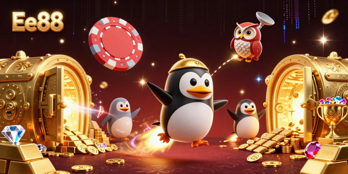 Engage with Ee88's vibrant 3D casino illustration featuring a penguin and treasure elements.