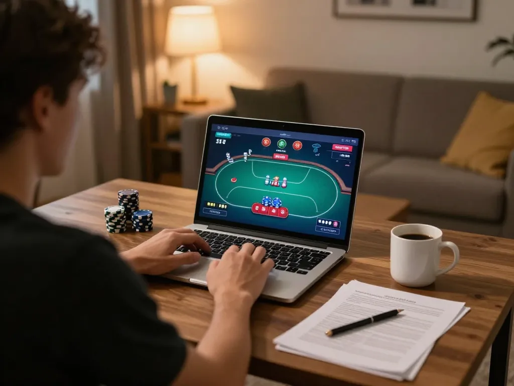 SC88 đăng ký online poker gameplay at home with warm ambiance and strategic focus.