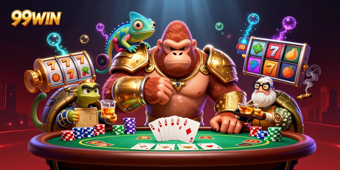 Experience the excitement of 99WIN with an adventurous gorilla king and casino elements.
