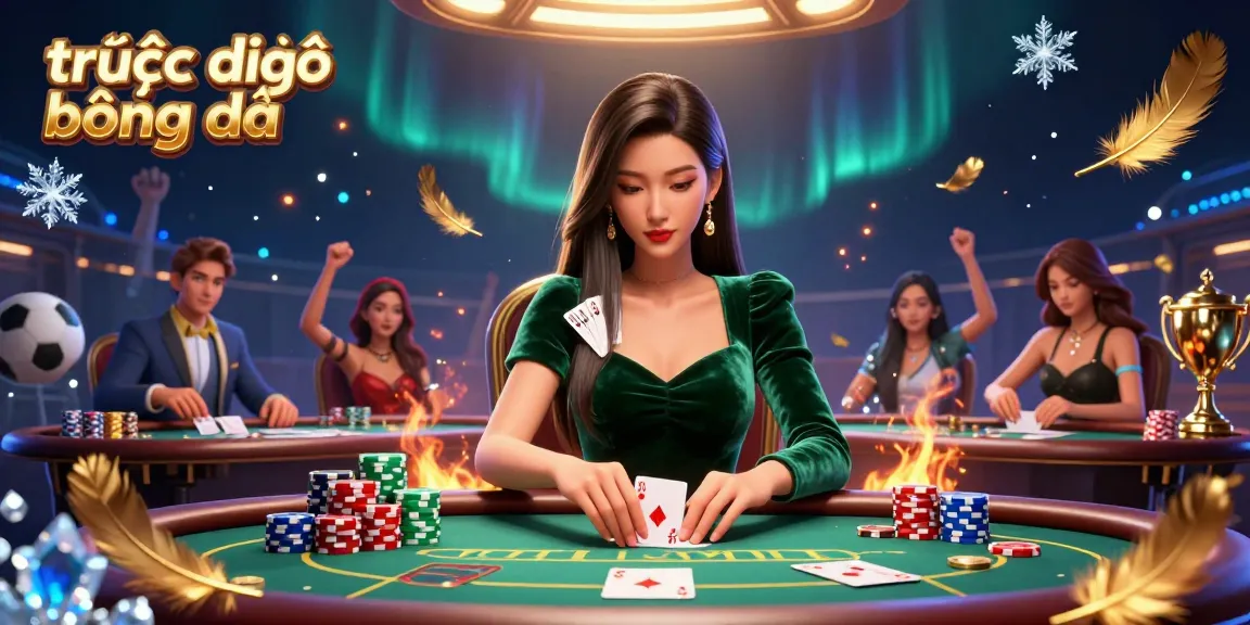 Experience trực tiếp bóng đá as players strategize around a luxury poker table in a vibrant casino scene.