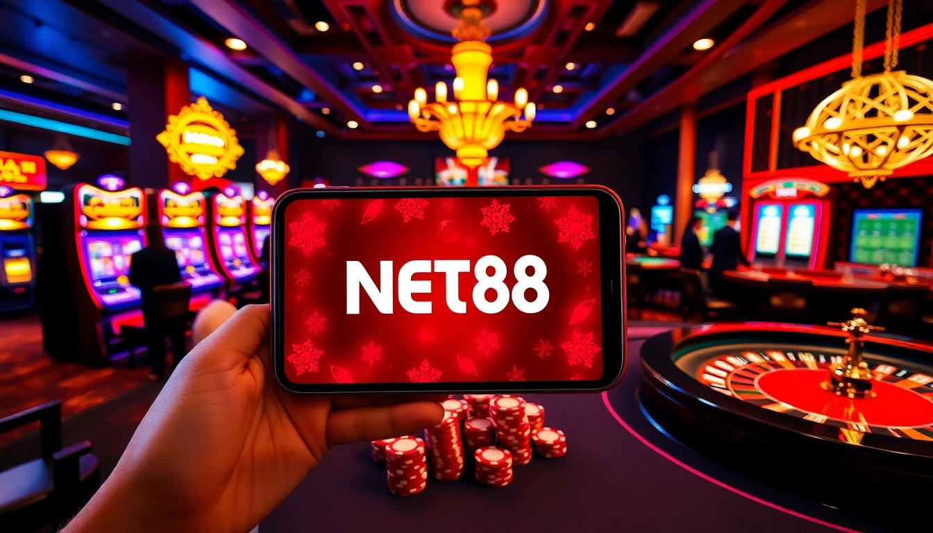 Experience the excitement of gaming with the NET88 app on a sleek smartphone amidst vibrant casino scenes.