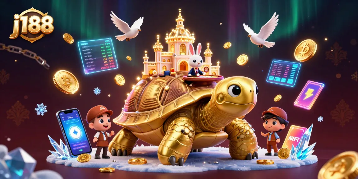Engage with j188 in a vibrant casino realm featuring a golden tortoise and crypto elements.