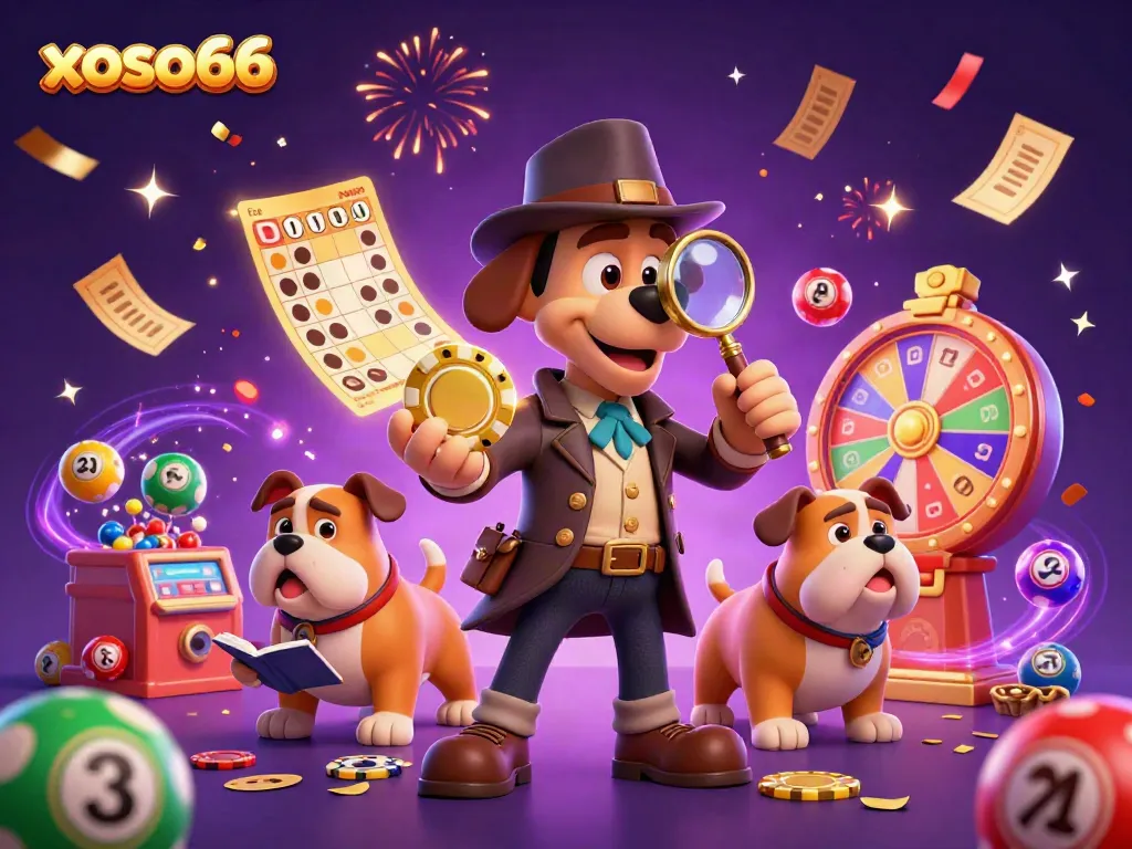Engage with thrilling gameplay at xoso66 featuring a cartoon detective investigating poker clues amidst vibrant casino elements.