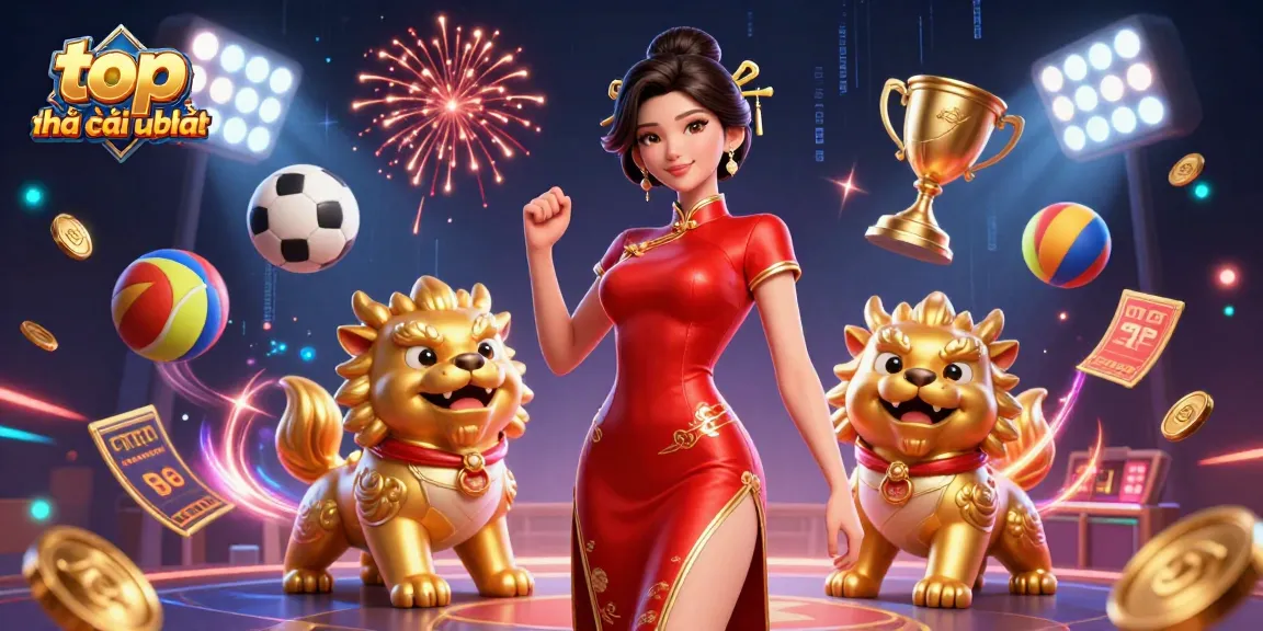 Bet on top nhà cái uy tín for dynamic gaming action featuring a glamorous Asian woman surrounded by golden foo dogs.