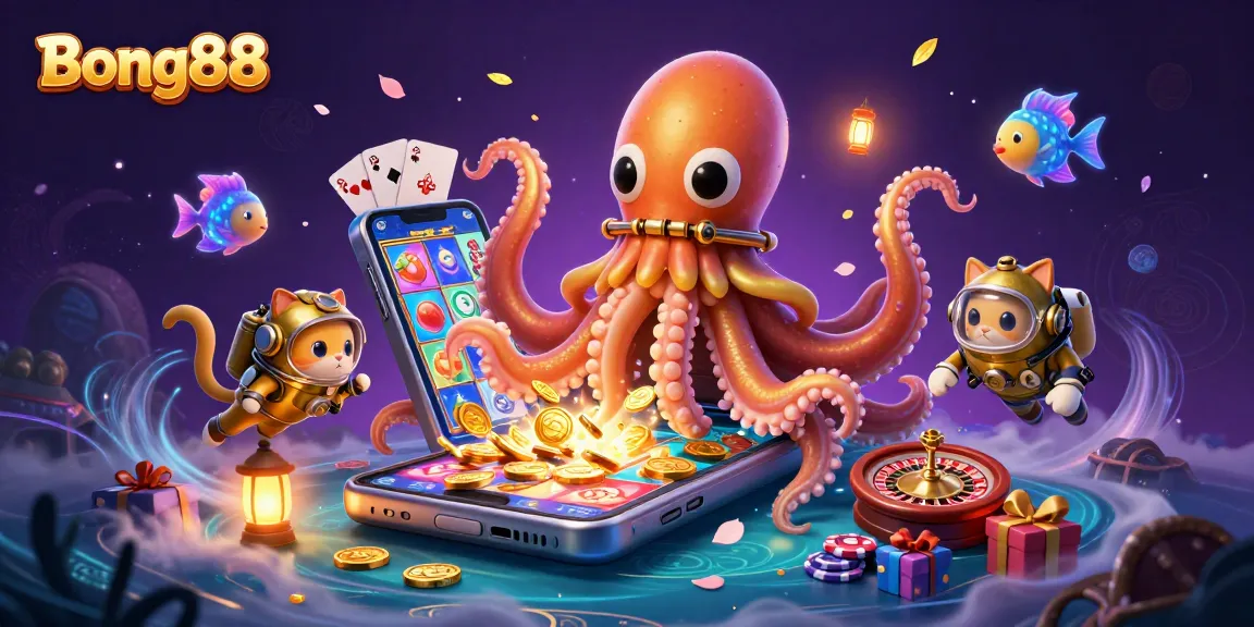 Bong88 showcases a vibrant 3D scene with a kraken, diving cat, and slot game elements, sparking excitement for gamers.