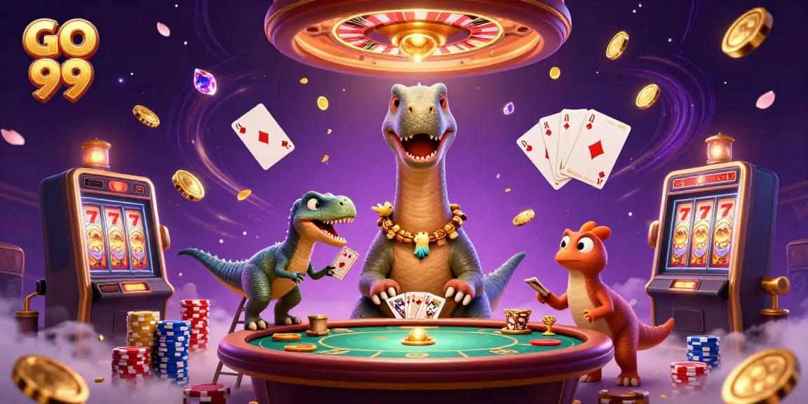 GO 99 illustration featuring a giant brontosaurus overseeing a lively casino scene with card dealing raptor and poker elements.