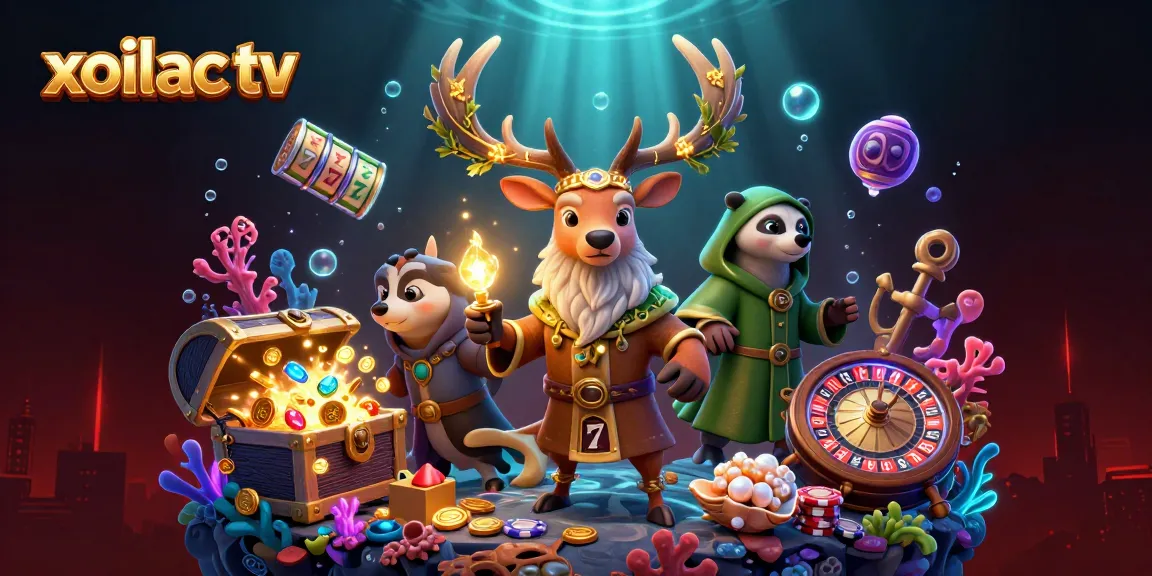 Xoilac TV boosts gaming excitement with colorful slot reels, glowing effects, and a captivating scene.