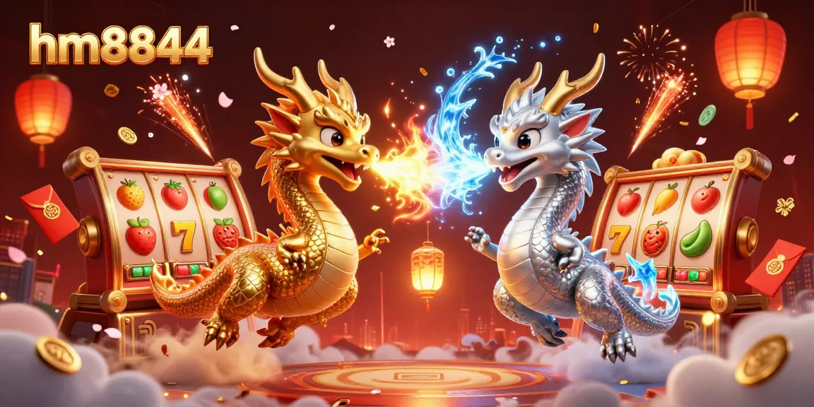 Experience the thrill of hm8844 with vibrant slot reels and mystical dragons in a dynamic casino scene.