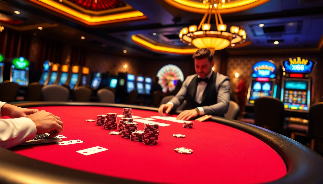 Exciting poker action at XX88 casino with chips, cards, and vibrant atmosphere.