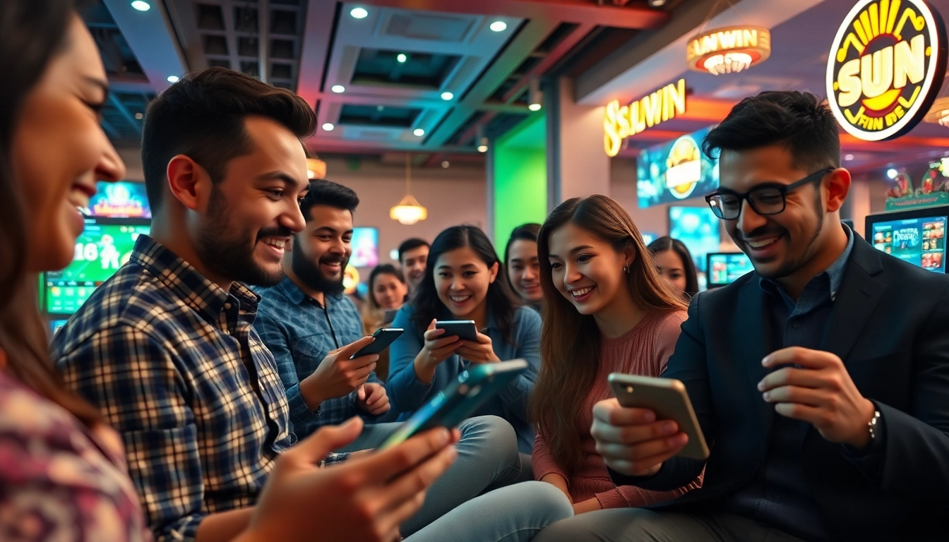 SUN WIN online gambling platform with players enjoying various games in a vibrant setting.