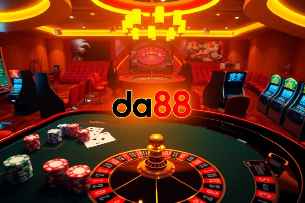 Experience the thrill of online gambling at da88 with poker chips and roulette wheel.