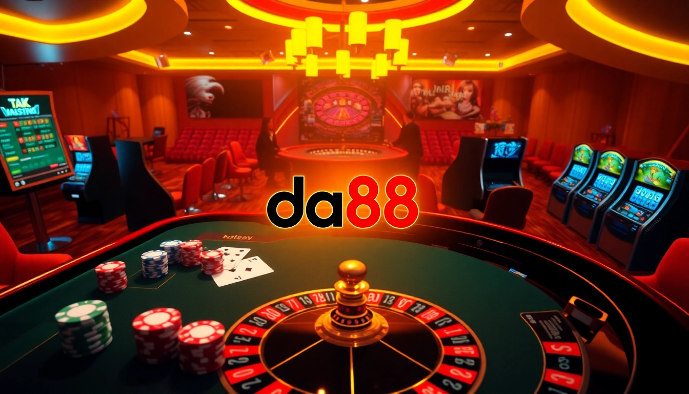Experience the thrill of online gambling at da88 with poker chips and roulette wheel.