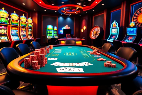 Experience thrilling online gambling at https://s8hn.com/ with vibrant poker tables, colorful chips, and exciting slots.
