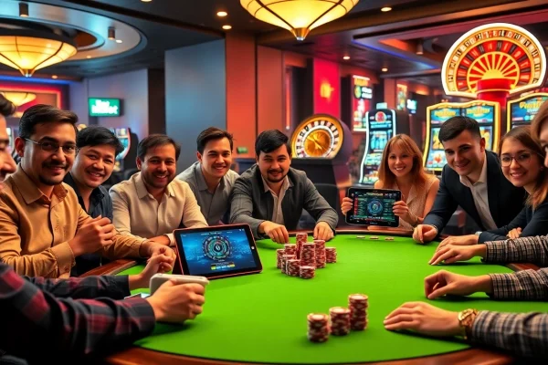 Excited players enjoying a game at an i9bet-themed casino table with poker chips and roulette wheel.