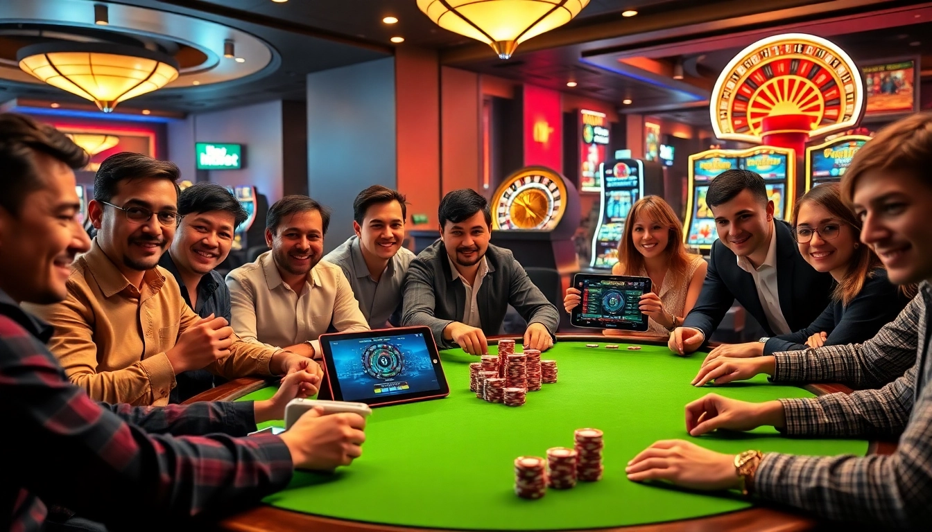 Excited players enjoying a game at an i9bet-themed casino table with poker chips and roulette wheel.