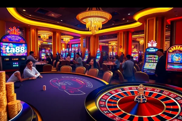 Engaged players at a poker table with ta88 branding and colorful poker chips in a luxurious casino.