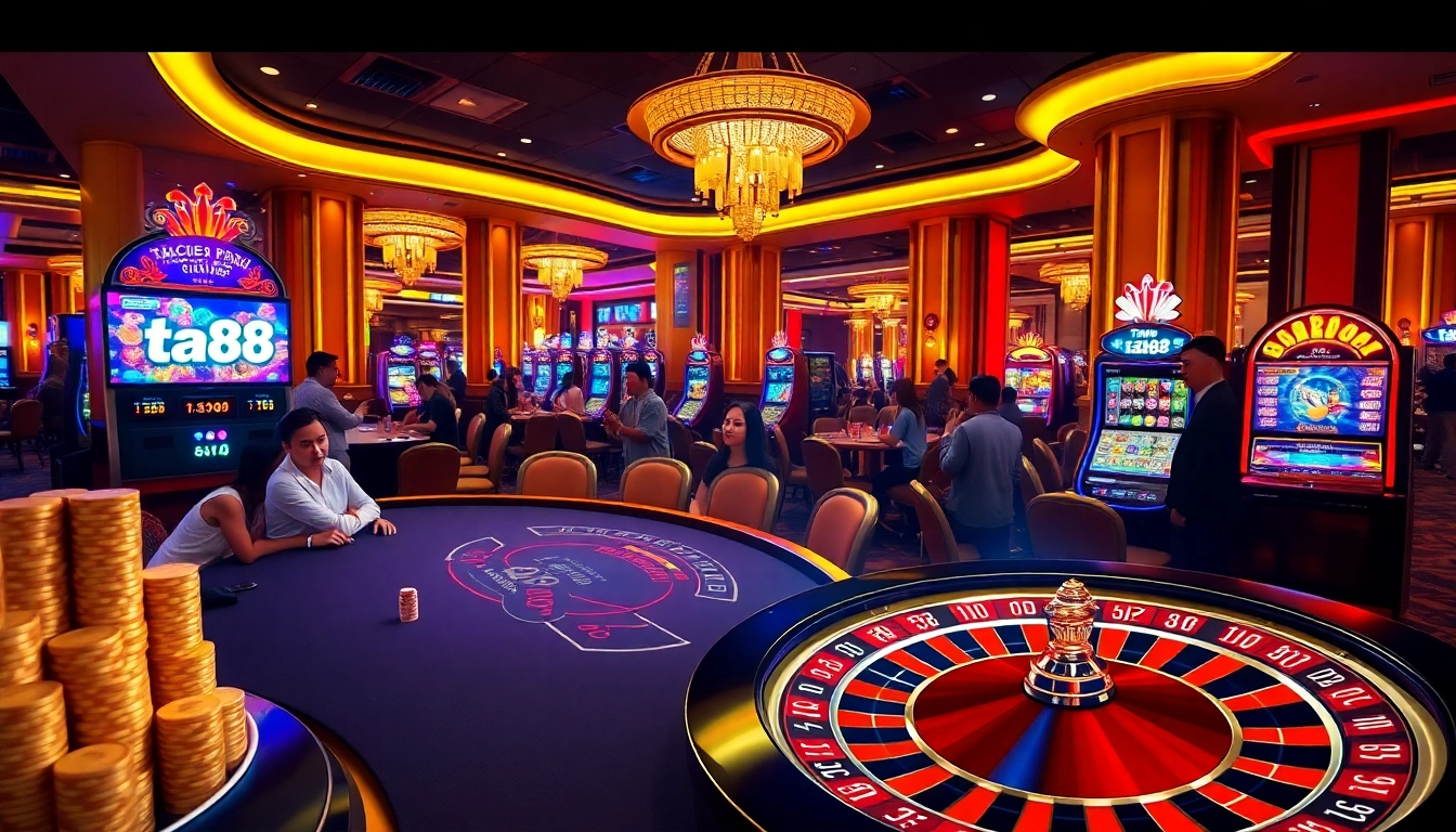 Engaged players at a poker table with ta88 branding and colorful poker chips in a luxurious casino.