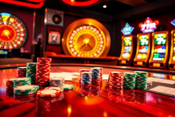 Experience thrilling gameplay at red88 with vibrant poker tables and exciting slot machines in a luxurious casino setting.