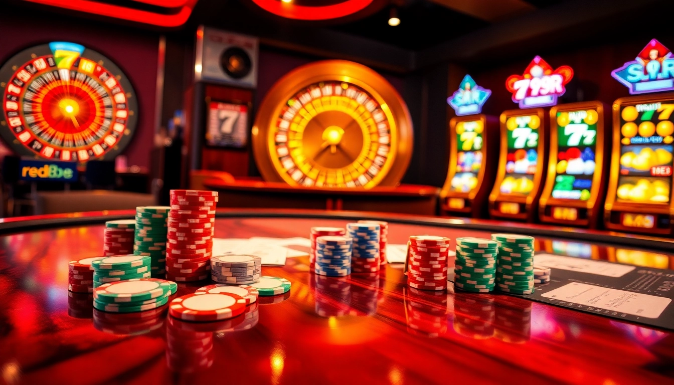 Experience thrilling gameplay at red88 with vibrant poker tables and exciting slot machines in a luxurious casino setting.