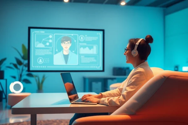 Interactive scene of a user engaging with a crush ai companion in a modern tech workspace.