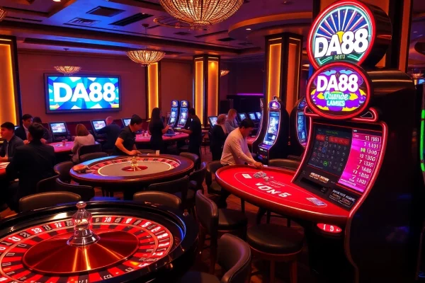 Exciting casino atmosphere at DA88, filled with vibrant tables, cards, and eager players.
