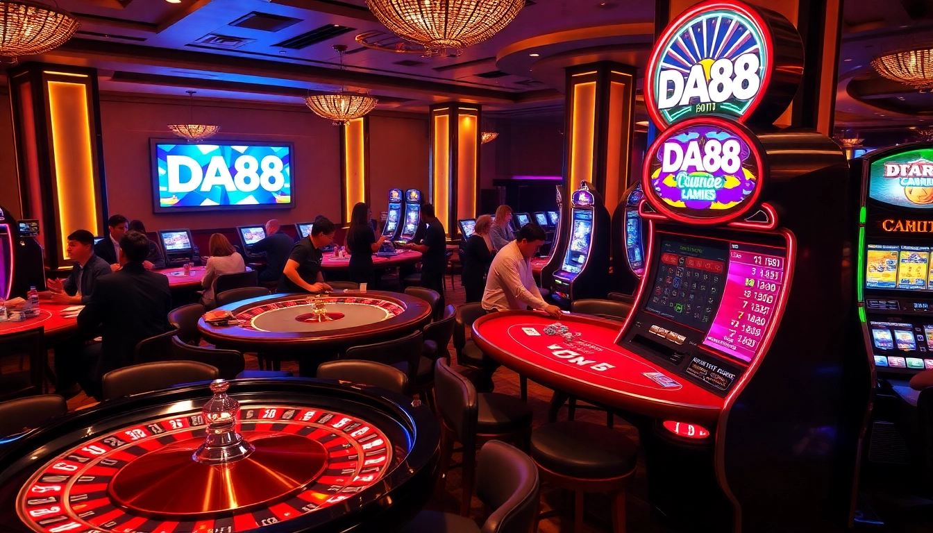 Exciting casino atmosphere at DA88, filled with vibrant tables, cards, and eager players.