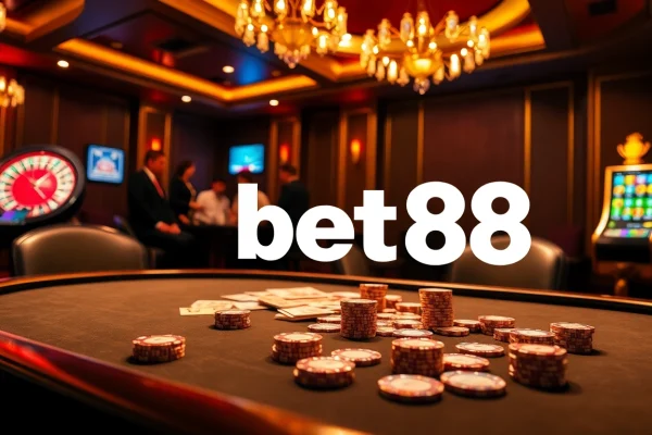 Bet88 players enjoy an exciting poker game in a vibrant casino setting filled with thrilling betting moments.