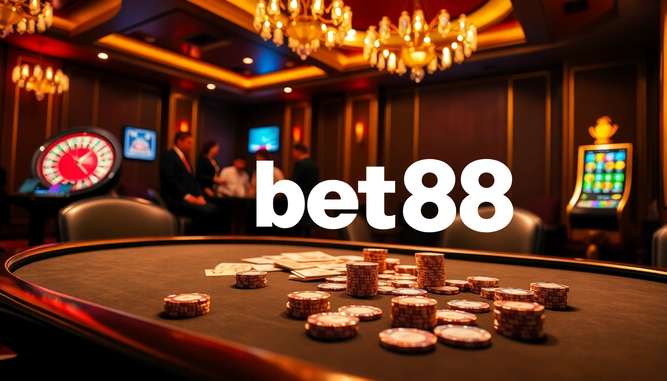 Bet88 players enjoy an exciting poker game in a vibrant casino setting filled with thrilling betting moments.