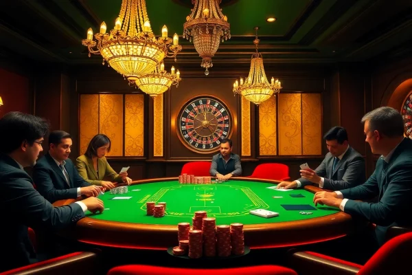 Engaging players at a luxurious poker table in a casino, showcasing the excitement of https://13win00.com/.