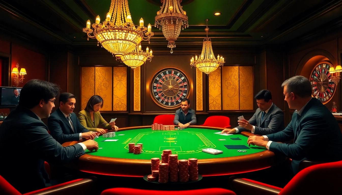 Engaging players at a luxurious poker table in a casino, showcasing the excitement of https://13win00.com/.