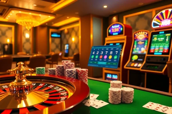 Dynamic casino scene showcasing XX88 online platform with stylish poker chips and roulette wheel.