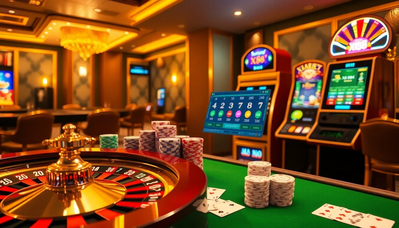 Dynamic casino scene showcasing XX88 online platform with stylish poker chips and roulette wheel.