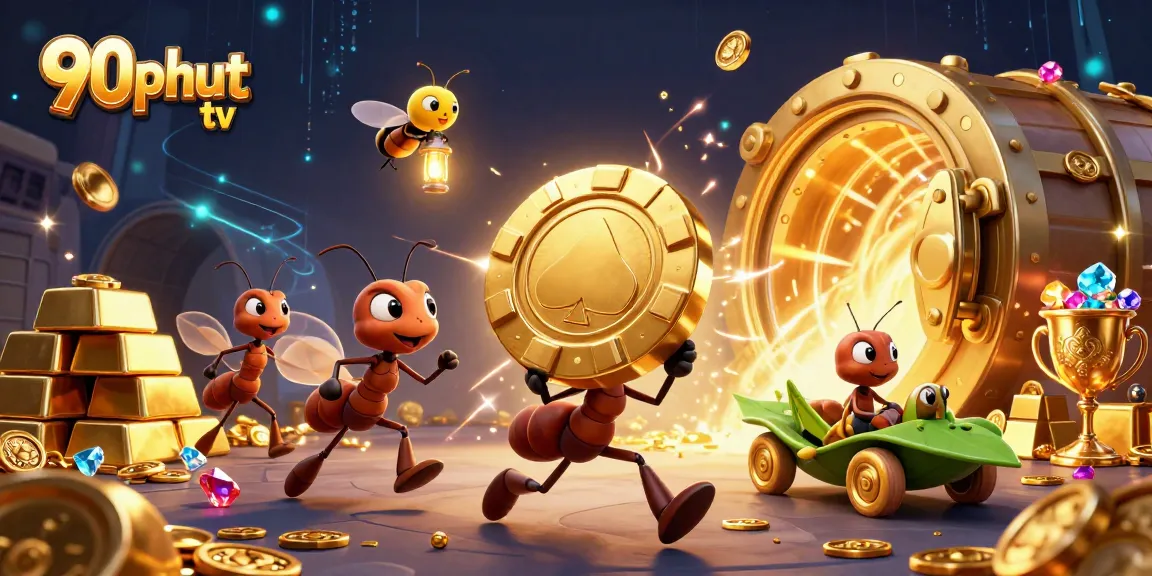 Experience thrilling gameplay with 90phut tv as playful ants heist golden poker chips in an exciting digital world.