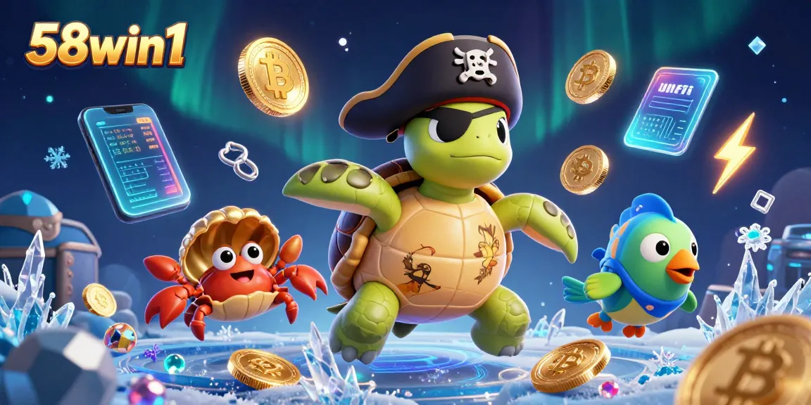 Spin to win at 58win1 with an adventure featuring a pirate turtle and treasures!