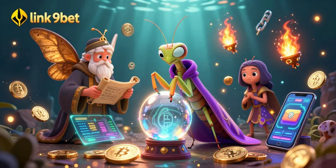 Engage with link 9bet through a mystical 3D digital casino scene filled with vibrant characters and crypto elements.
