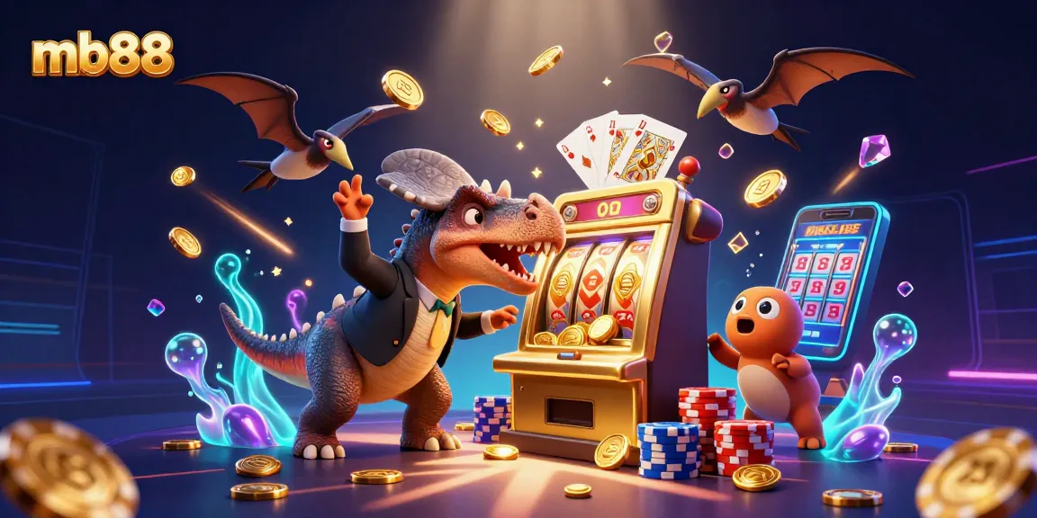 Meet mb88: A playful dinosaur-themed casino scene with a pachycephalosaurus hitting a slot machine.
