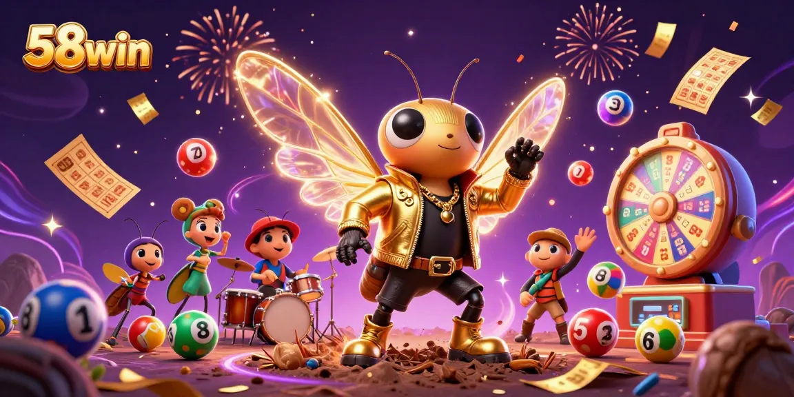 Experience the excitement of 58win with vibrant lottery elements and a lively rock star scene!