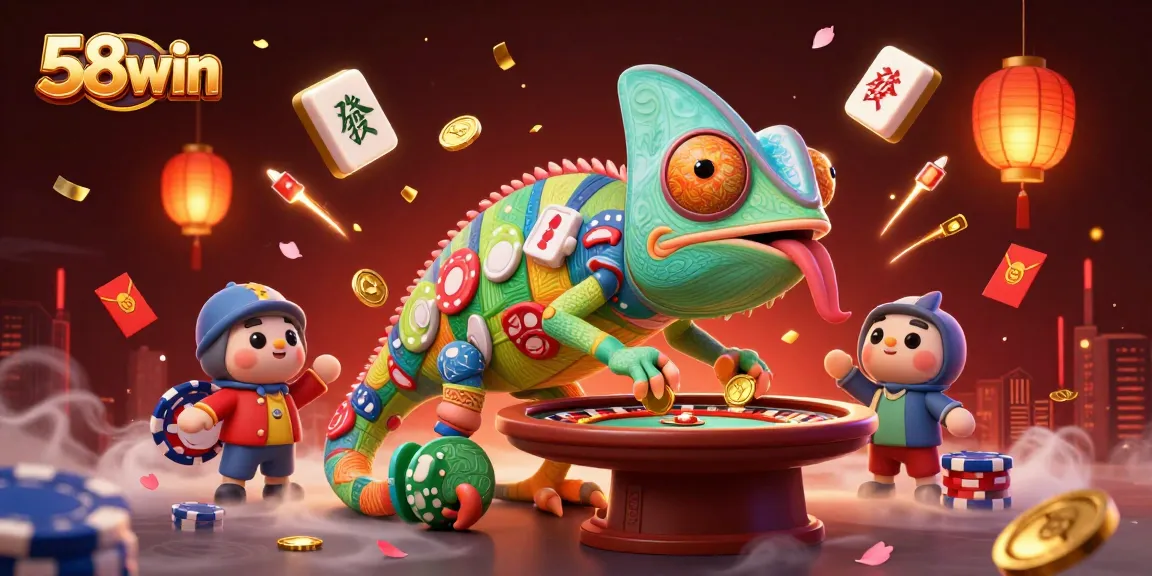 Experience the excitement of 58win with our vibrant casino-themed digital illustration featuring a colorful chameleon owner.