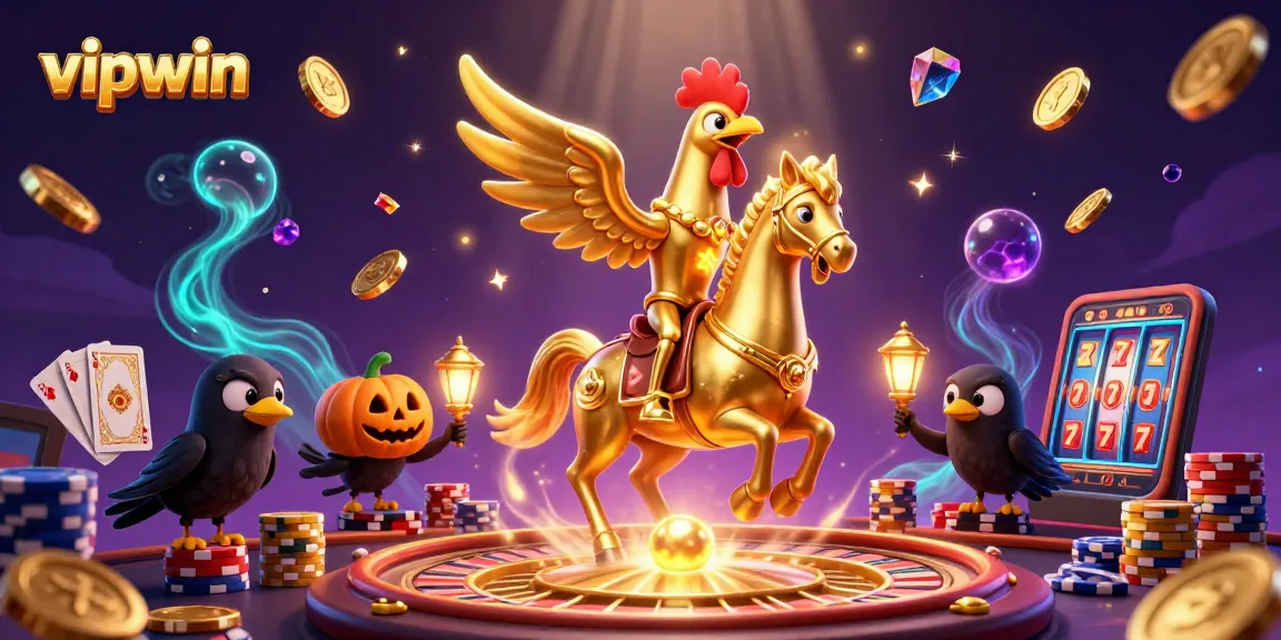 Experience thrilling gameplay at vipwin with golden rooster and casino riches in a dynamic 3D illustration.