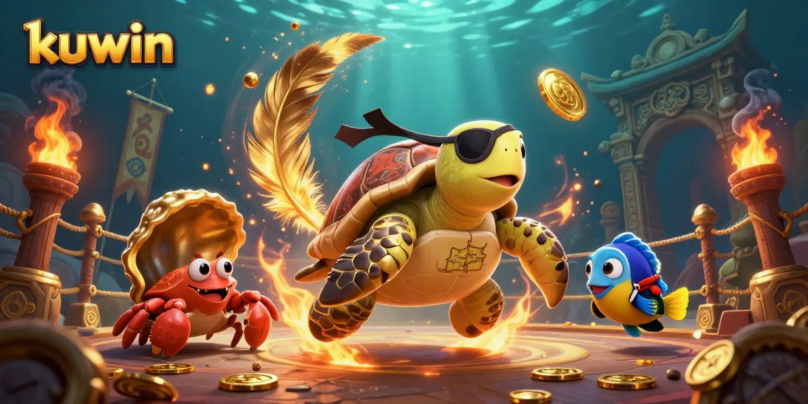 Kuwin offers a thrilling experience in this captivating underwater casino scene with vibrant characters and golden treasures.