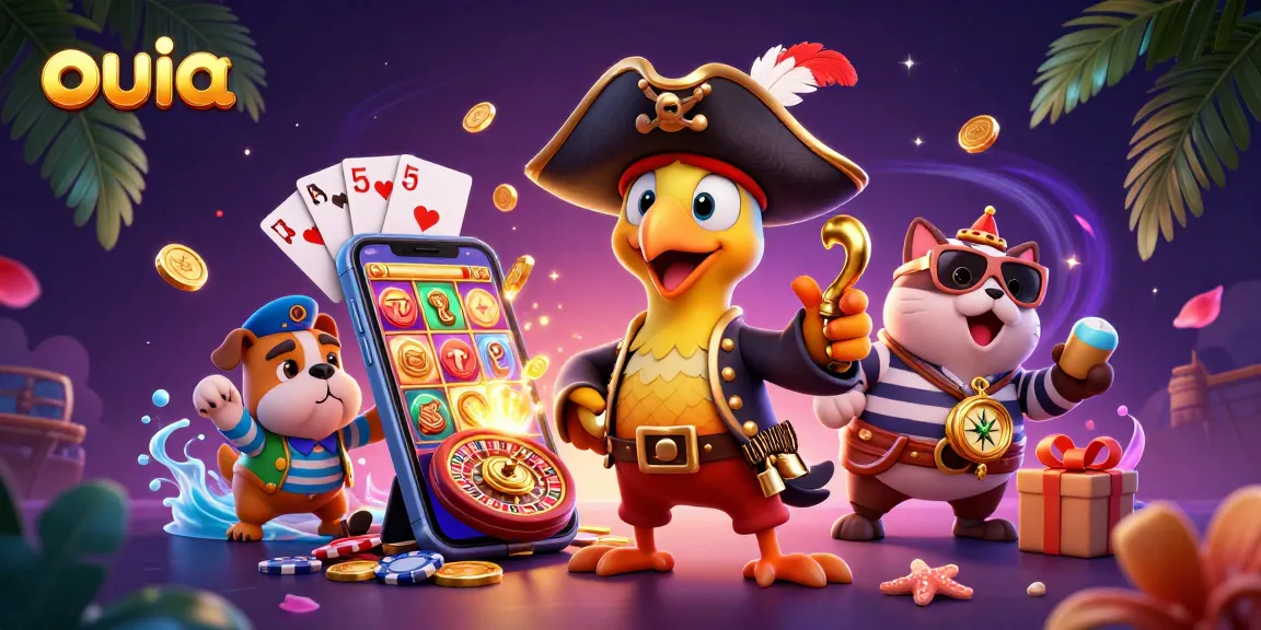 Engaging scene of a colorful casino with otters playing slots at ouia and celebrating winnings.