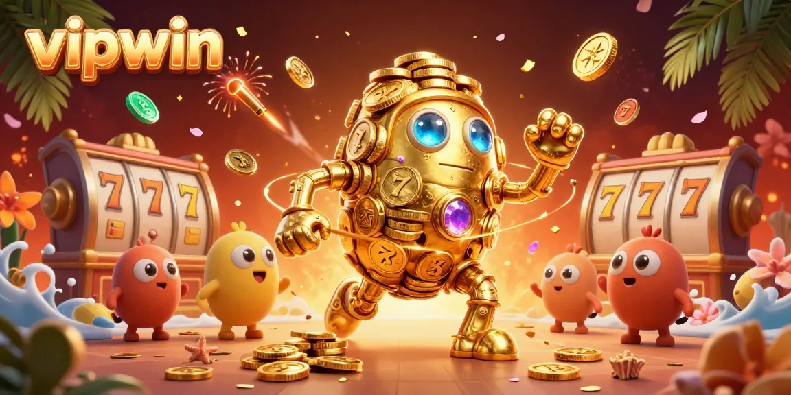 Experience the thrill of vipwin with a dynamic illustration of a golden golem surrounded by lucky symbols and festive elements.